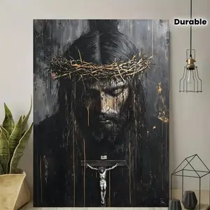 2D Flat, 1pc Dark & Dramatic Jesus Christ Religious Canvas Wall Art with Wooden Frame - Black & Golden Spiritual Christian Icon, Modern Vintage Home Decor for Living Room, Bedroom, Office - Horizontal Wrap-Around Framed Poster