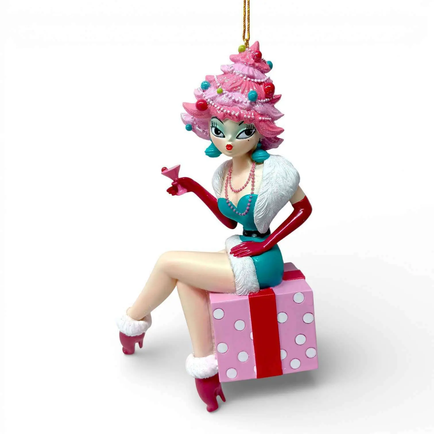 Miss Holly Daze 6.5" Martini Lady on Present Festive Decor Ornament, Miss Fluff December Diamonds - Gift Box Compatible Home Festive Decoration