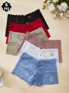 6-Pack Women's Lace Panel Boxer Shorts, Fashionable, Sexy and Elegant Floral Black Underwear, Soft, Comfortable, Breathable and Fitted Lingerie, Romantic Valentine's Day and Christmas Gift, Low-Waist Boxers, Panties, Drop Waist Panty