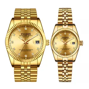 OIDEA Stainless Steel Couple Watches: Gold Tone Rhinestone Quartz Analog Wrist Watches for Men Women Waterproof Date Luminous Dress Watch His and Hers Wristwatch