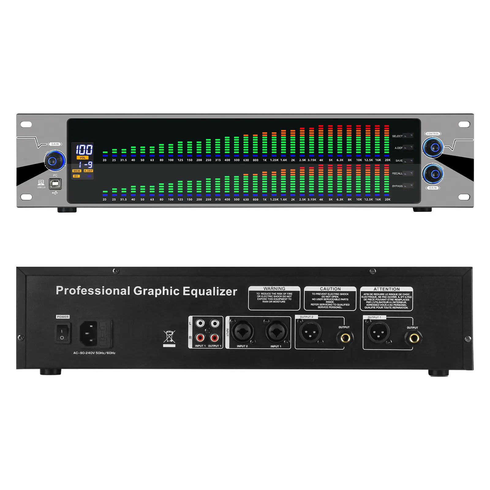 Compact 2U Rack Mount Digital 31-Band Stereo EQ Live Audio Mixer - RTA Display, USB/PC Auto-Tune, Subwoofer Out, Ultra-Low Noise, Feedback Detection, Bass Boost, AC-90-240V 50Hz/60Hz, Ensures Clarity, for Home Studio, Live Sound, Sound System