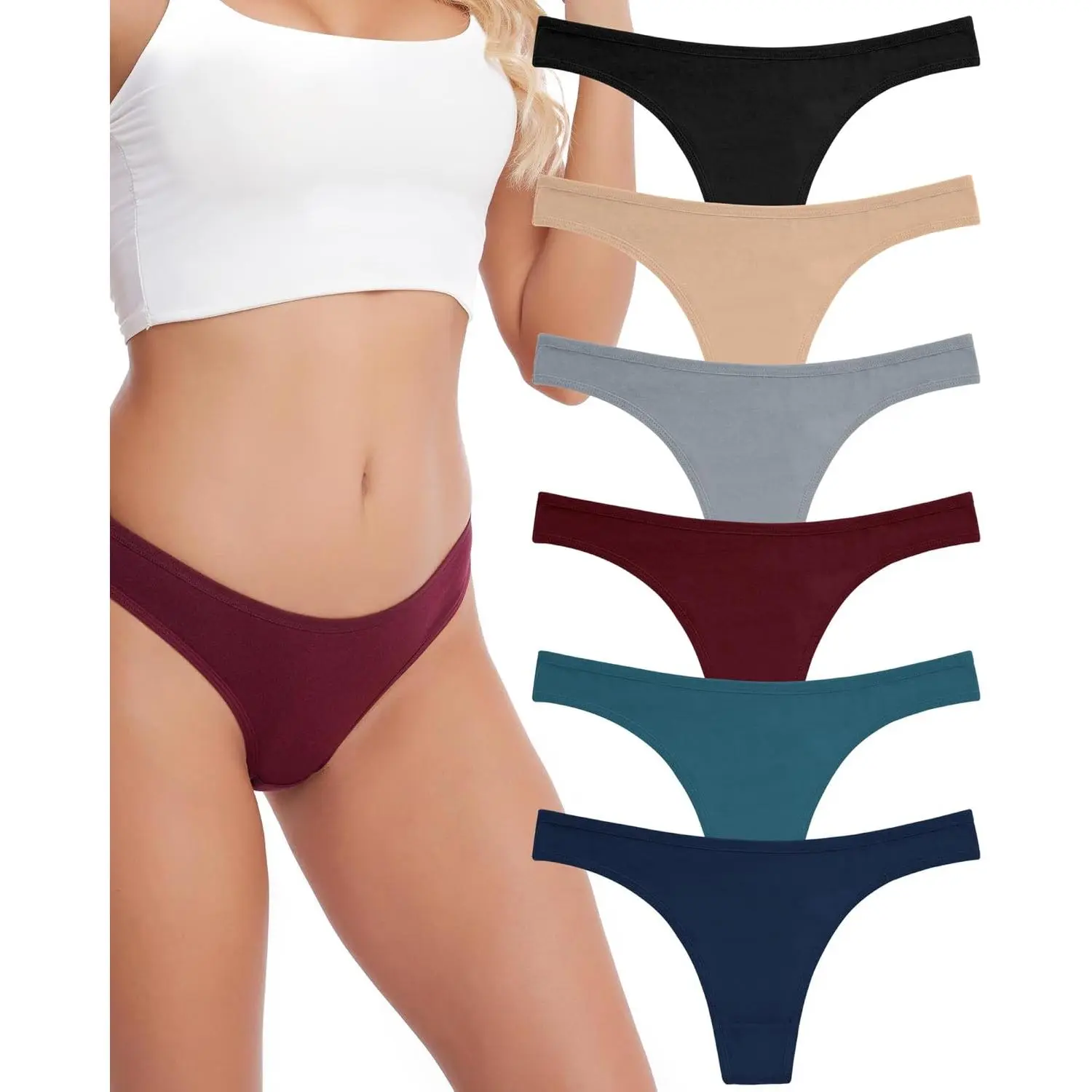 Women's Breathable Cotton Thong Panties, 6-Pack in Dark Vintage Solid Colors, Low Rise Underwear for Daily Wear, 6-Pack Dark Vintage