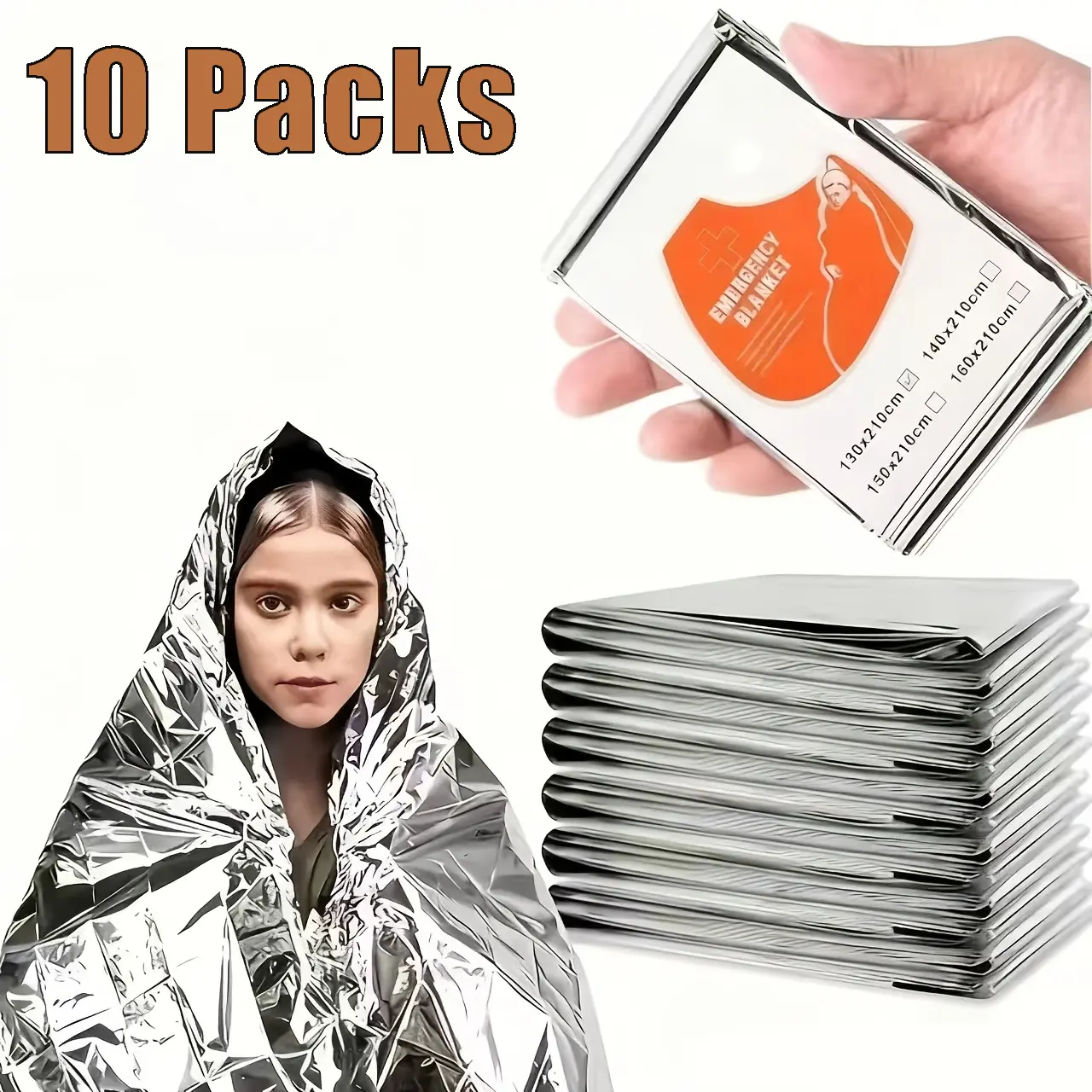 10 Pack Emergency Mylar Blankets Survival Thermal Blanket for Rescue First Aid Silver Foil Blanket Bulk Safety Winter Heat Reflective Aluminum Blankets for Hiking Camping Marathons Outdoor