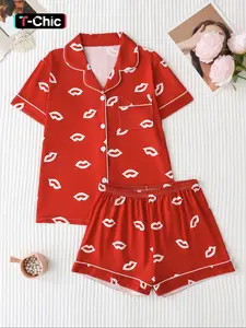 Women's Valentine Lips Print Pajama Set, Collar Button Short Sleeve Top & Loose Comfortable Shorts, Elegant Sleepwear for All Seasons, Casual Sleepwear Set