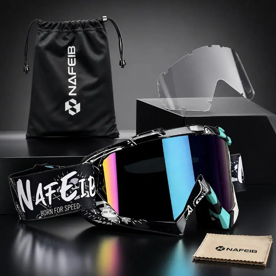 NAFEIB Motorcycle Goggles Kit with Extra Clear Lens & Storage Bag Dirtbike Gear Riding Glasses