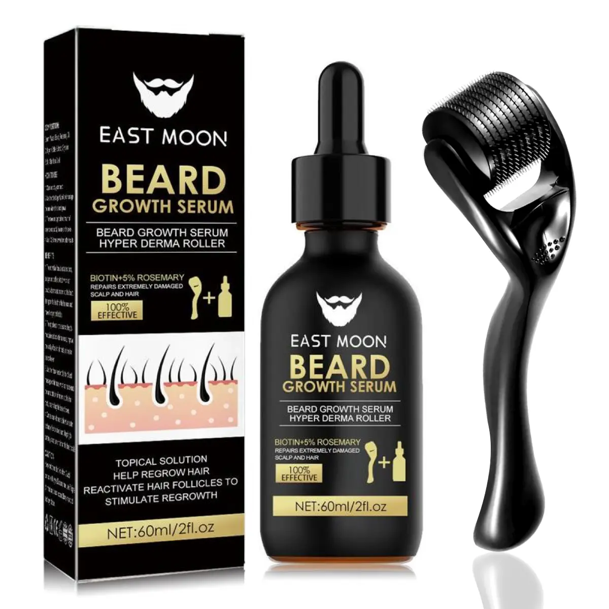 EAST MOON Beard Growth Kit-Beard Care Serum & Beard Massage Derma Roller, Beard Massager for Patchy/Spot Beard, Beard Kit for Men's Grooming, Men's Daily Beard Care Products and Tools, Holiday gifts, Father's Day Gifts