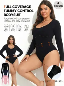 Women's Plus Size Round Neck Long Sleeve Bustier Shapewear Bodysuit, Button Design, Comfortable Fit, Abdominal Control, Compression, Sizes 1xl-4xl