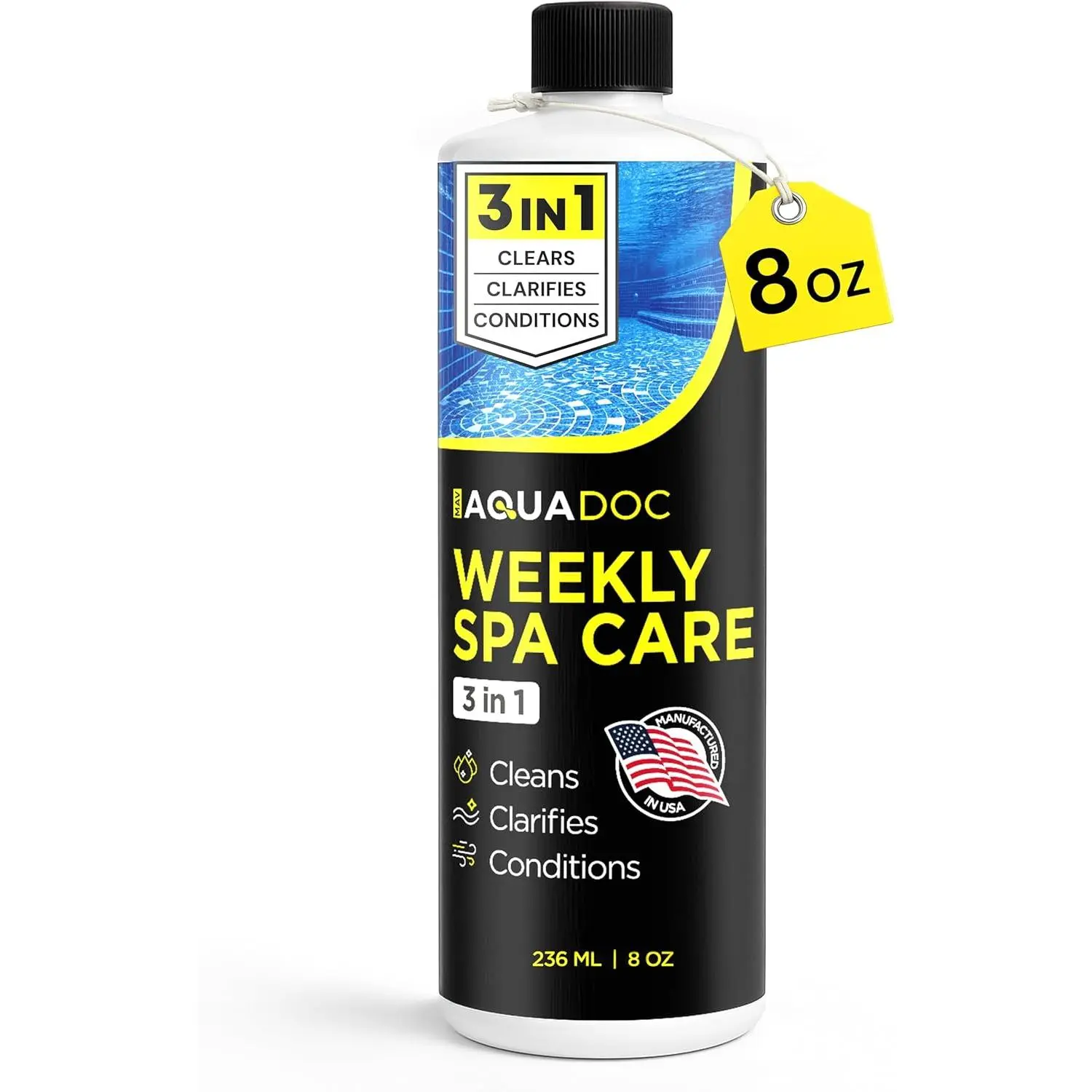 AquaDoc 3-in-1 Weekly Spa Care Concentrate - USA-Made Hot Tub Chemicals (8 oz) - Water Conditioner, Acrylic Pool Clarifier, Enzymes for Busy Spas, Frequent Use - Reduces Residue, Improves Water Appearance, Enhances Comfort (Add 0.5 oz per 100 gal)