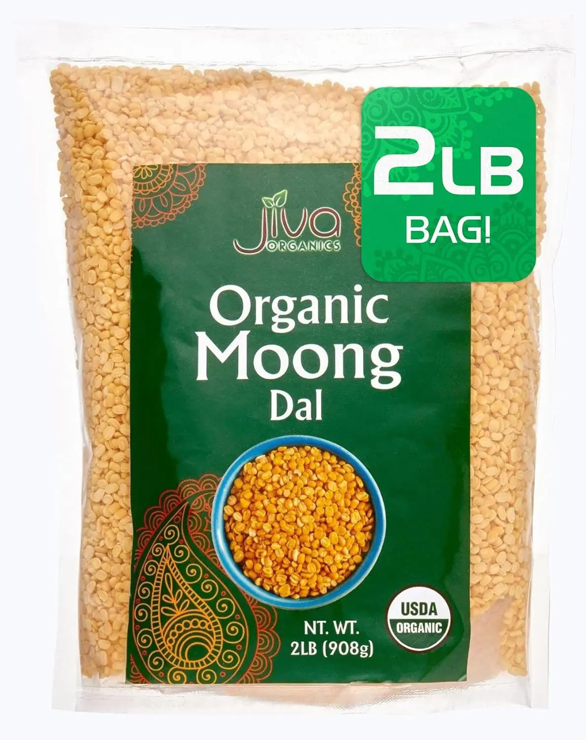 Jiva Organic Yellow Moong Dal 2 Pound - Non-GMO - Great for Kitchari - Split Mung Beans Washed