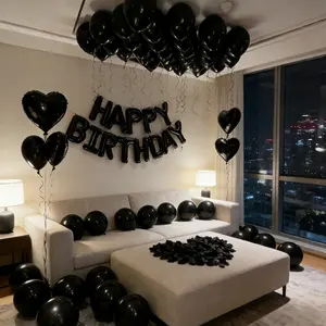 65Pcs Solid Black Birthday Balloon Set | Happy Birthday Letters & Heart Foil Balloons | Quick Shipping Party Home Decor Kit for Bar Mitzvah, Room Decor & Photo Props