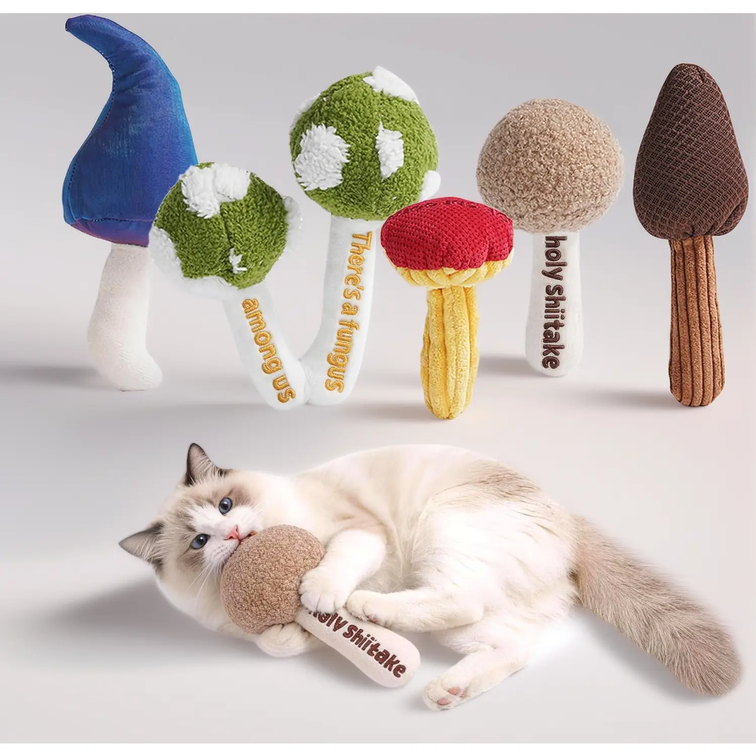 Mushroom Catnip & Silvervine Cat Toys 5-Pack – Cute Slang-Printed Chew Toys for Indoor Cats, Multi-Textured Teething Toys for Kittens, Funny Interactive Playthings for Boredom Relief – Irresistible for Picky Cats, Satisfies Hunting Instincts