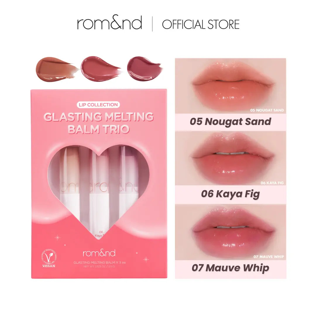 rom&nd Glasting Melting Balm Trio Set, Hydrating Vegan Tinted Lip Care with a Dewy Finish, includes Nougat Sand, Kaya Fig & Mauve Whip, Moisturizer