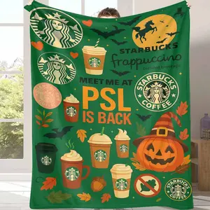 Starbucks PSL Flannel Blanket, Frappuccino Coffee Theme Print, Soft Cozy Lightweight Warm, AntiPilling, Perfect for Fall Decor, Halloween Parties, Thanksgiving Gatherings, Coffee Lovers Gift, Home, Office, Travel.