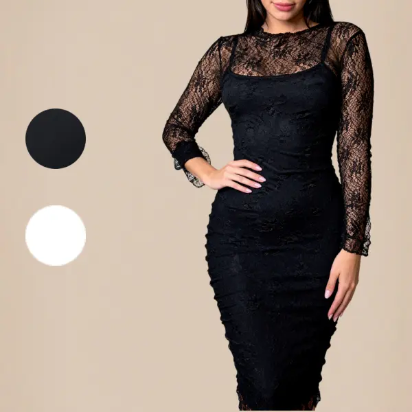 ChicCurve High Standards Dress Elegant Black Lace Dress with Sheer Long Sleeves Formal Fit Summer Outfits White Dress Women's Clothing Premium Lace Fabric Flattering Fit Delicate Lace Detailing Versatile Design for Evening & Cocktail Parties - Feminine