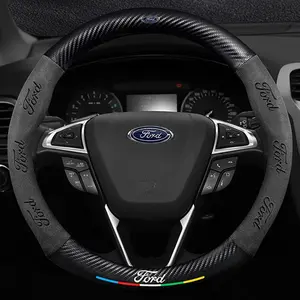 37.5cm Round Car Steering Wheel Cover, Carbon Fiber PU Leather, Non-Slip Case, Car Accessories, for Ford Mondeo, Focus, Raptor, Puma, Edge, Explorer, Ecosport, Ranger, F150, Kuga