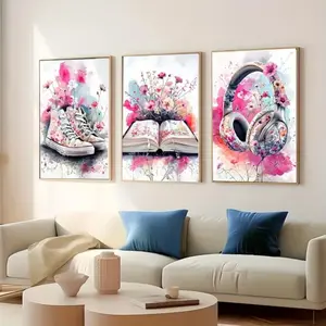 3 Pieces/set of Optional Wooden Frame, Watercolor Books and Flower Typography Building Books Poster, Modern Floral Paintings Modern Abstract Design Artistic Canvas Painting, Living Room Home Decor Mural Decoration Abstract Art Prints