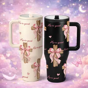 1 Pc 40oz insulated mug with handle, Vacuum flask, keeps hot 12 hours cold 24 hours, faith cross aesthetic tumbler for women, soft pink bow design, Christian gift for her, healing vibe thermal mug, birthday holiday present