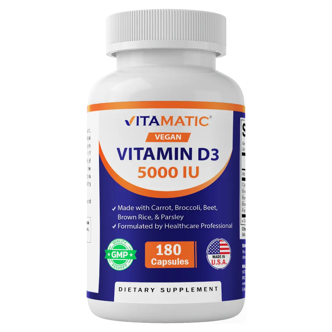 Vitamatic Vegan Vitamin D3 5000 IU | Plant Based Vitamin D from Lichen | Made with Carrot, Beet, Broccoli, Brown Rice & Parsley | 180 Capsules | Non-GMO, Gluten-Free | Made in USA