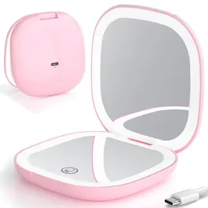 LED Compact Makeup Mirror, 4 Inches 1X/10X Magnification Travel Mirror with Light Dimmable Double Sides Lighted USB Rechargeable Compact Mirror, Travel Essentials Magnifying