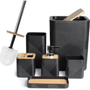 Bathroom Accessories Set 6 Piece Bamboo Bath Ensemble Includes Soap Dispenser, Toothbrush Holder, Toothbrush Cup, Soap Dish for Decorative Countertop and Housewarming Gift (Black)