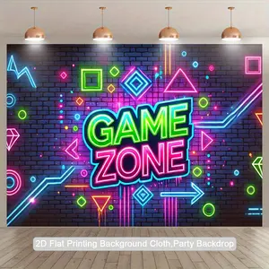 2D Flat, 1pc Game Zone Arcade Party Backdrop - Neon Glow Gaming Banner - Retro Arcade Photo Booth Background for Birthday, Esports, Game Nights - Indoor/Outdoor Decoration - No Electricity Needed, Glow In The Dark - Durable Polyester Fabric, Event Decor