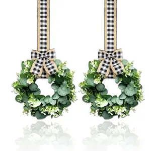 Spring Wreath Set of 2 Artificial Floral Kitchen Cabinet Wreaths, Mini Farmhouse Wreath 10 Inch Decorative Door Window Chair Wall Decoration Home Decor Ornament Artificial Flower Wreath