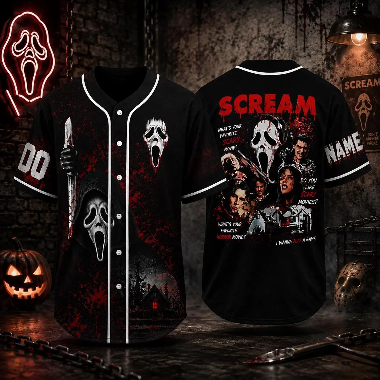 Spooky Ghostface Inspired Halloween Baseball Jersey, Custom Horror Movie Shirt, Personalized Name & Number Jersey, Scary Season Fan Gift