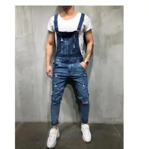 Men's Slim Fit Stretch Denim Overalls with Pockets - Distressed Blue Jean Jumpsuit, Adjustable Straps, All-Season Wear, Machine Washable, Everyday Blue Jeans |   Classic Button Closure |   Durable Fabric