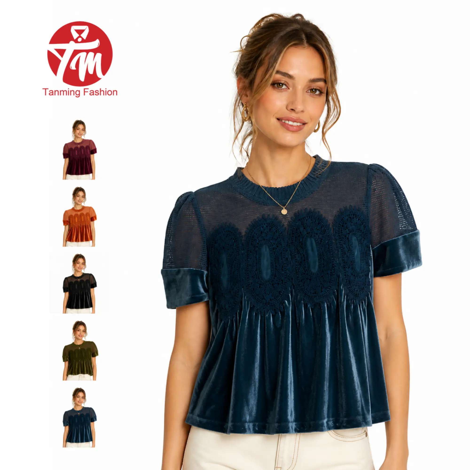 Tanming Women's Chic Velvet & Sheer Lace Short Sleeve Top - Flowy Crewneck Ruffle Trim Blouse Vintage Party Casual Shirt Elegance Everyday