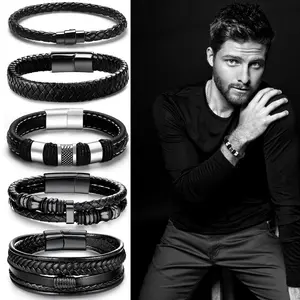 5-piece men's and women's universal black leather bracelets, leather material with steel embellishments, 316L stainless steel clasps, multiple style sets, for daily wear, as unique accessories, as gifts, Fashion Accessories bracelets