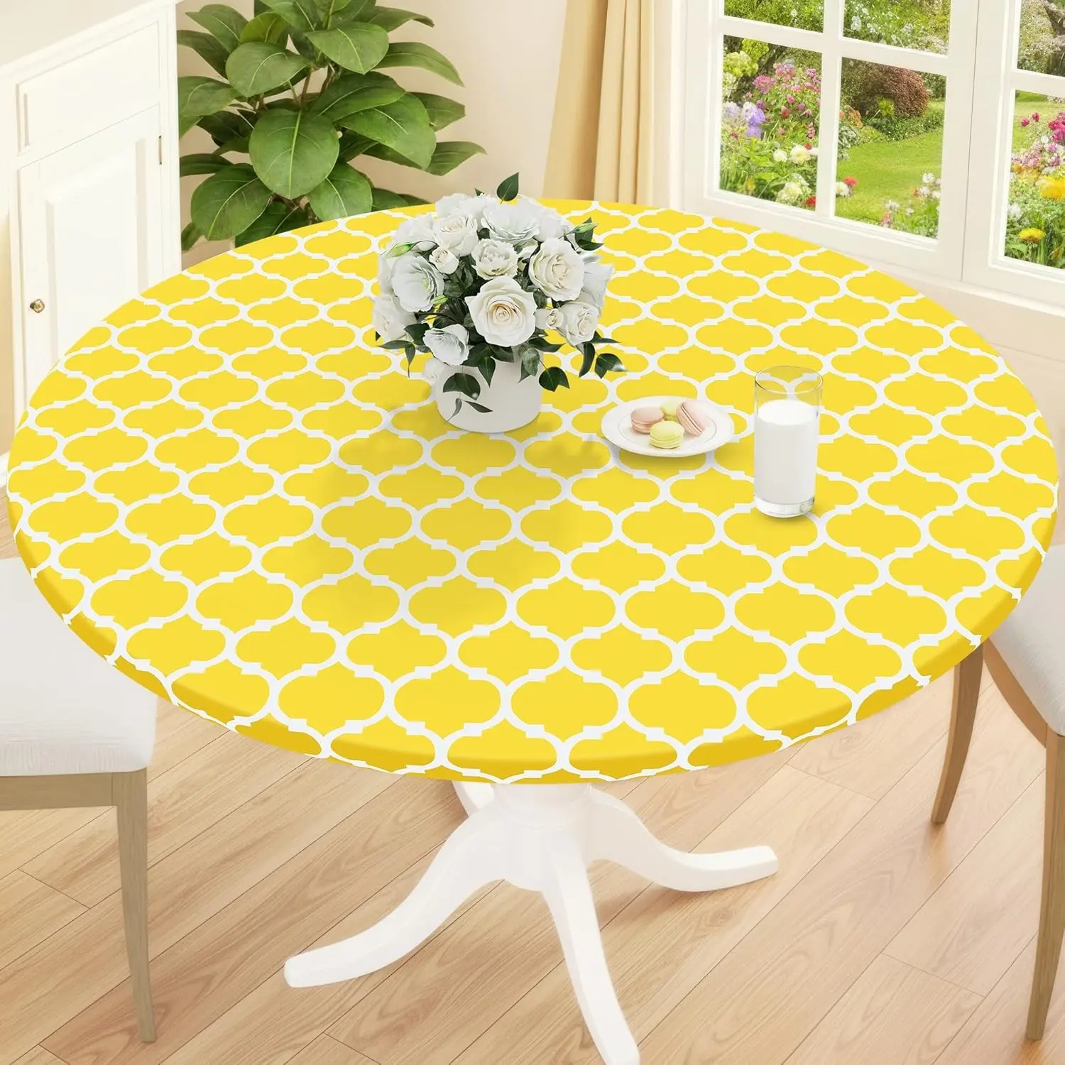 1pc Round Moroccan Table Cover, Vinyl Waterproof Oil-Resistant Easy-Clean, Non-Slip Tablecloth, Elastic Flange Backing, Indoor Outdoor Use, Versatile Use, Table Cover Protector