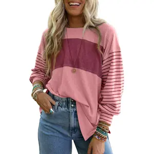 Dokotoo Long Sleeve Fall Tops Oversized 2026 Trendy Round Crew Neck Casual Color Block Womens Shirts Blouses