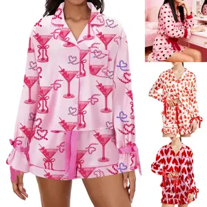 Mommy and Me Summer Matching Pajamas Pleated Lace Bow Cuffs Bow/Heart Print Tie Front Long Sleeve Tops and Long Pants Set Family Matching Sleepwear