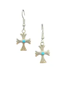 Small Cross Hook Dangle Earrings – Sterling Silver and Genuine Sleeping Beauty Turquoise -  Authentic Native American Handmade - American Sterling Silver - Made in USA