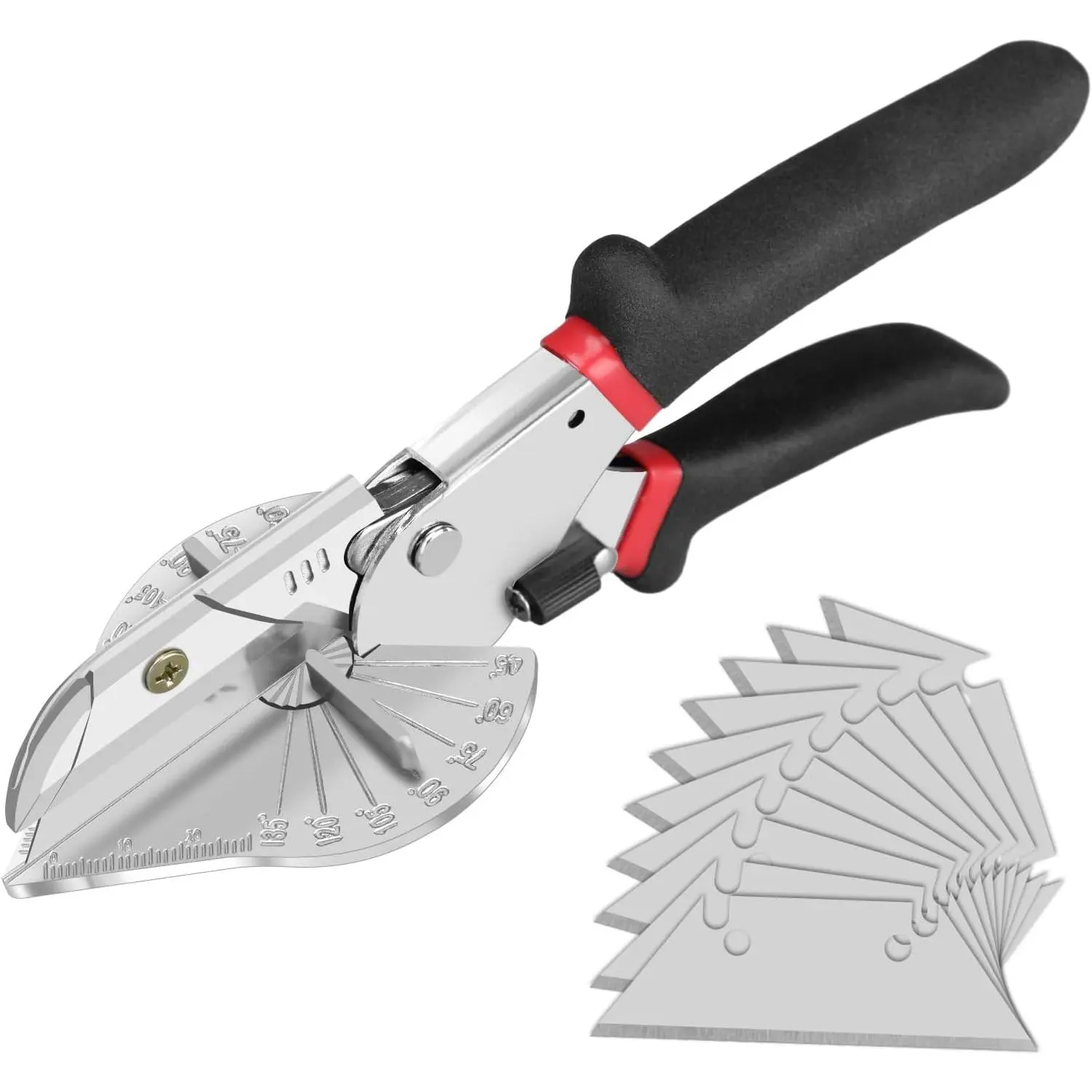 Miter Shear Cutting Tool - 45-135° Adjustable Angle Cutter with Quick Change 10 Sharp Blades, Rubber Grip, Durable Rust-Resistant Design for Woodworking, Clean Precise Cuts on MDF, Soft Plastics, Easy Use