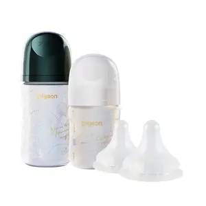Pigeon Glass Baby Bottle Feeding Gift Set with Silicone Coating, Nurture & Nest, Anti-Colic Wide Neck & Latch-On Nipple, 2 Bottles (5.4/8.1 Oz) and 2 Extra Stage 2/4 Nipples