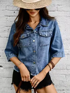 Women's Casual Short Denim Jacket, Notched Collar, Mid-Shoulder Sleeves, Frayed Edge Design, Button Pockets, Trendy Denim Top, Womenswear