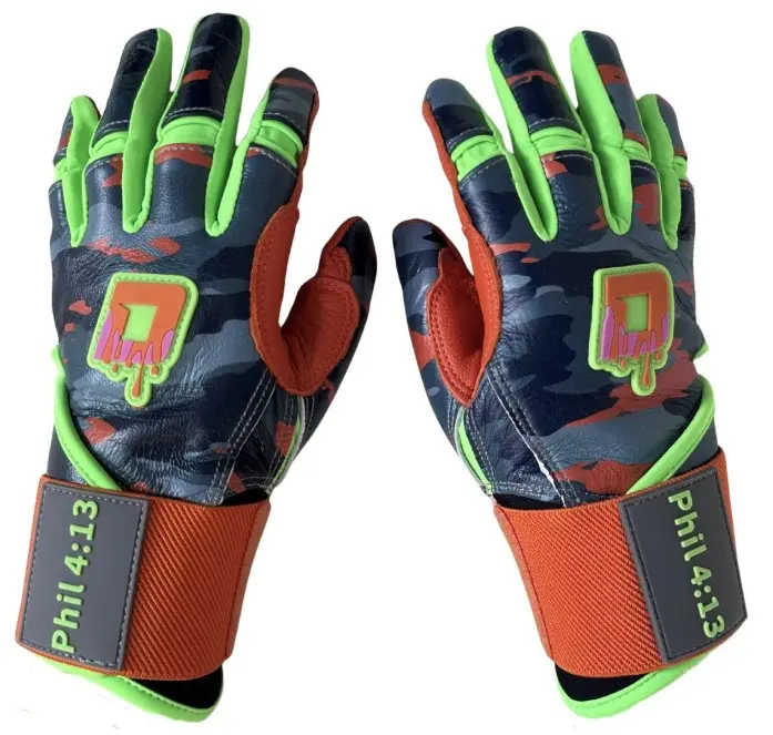 Sportz Drip Shield Camouflage Leather Batting Gloves for Youth & Adult Faith Athletes, Lightweight & Durable with Superior Grip for Baseball, Grip Gloves, Bold Camo And Orange Colorway, Protective Glove