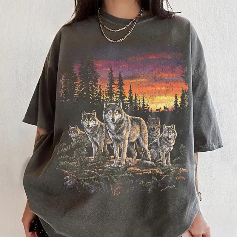 Comfort Colors Vintage Wolf Pack 90s Graphic T-Shirt, Retro Forest Wildlife Tee, Rustic Outdoor Nature Shirt, Wolf Lover Graphic Tee, Animal Apparel