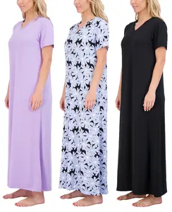 Real Essentials 3 Pack: Women's Soft Maxi Long Nightshirt Short Sleeve Soft Nightgown Sleep Dress (Available in Plus Size)