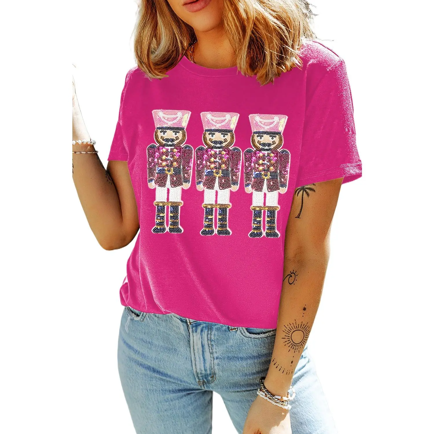 Women's Christmas Short Sleeve Round Neck Crew Neck T-Shirt - Casual Sequined Nutcracker Print Top, Comfortable Fit Holiday Fashion, Rose