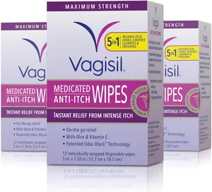 Vagisil Anti-Itch Medicated Feminine Intimate Wipes for Women, Maximum Strength, Gynecologist Tested, 12 Wipes (Pack of 3)