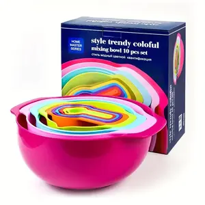 10-piece rainbow DlY baking set including measuring cupsand spoons, multi-functional mixing bowls, kitchen suppliessuch as rice sieves, salad plates, vegetable washing plates,which are stackable.