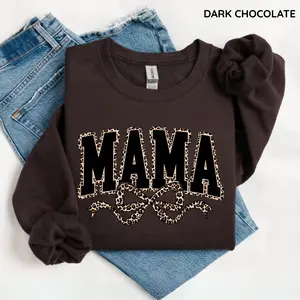 Gildan Mama Leopard Coquette Bow Sweatshirt, Leopard Mama Crewneck, Varsity Mama Shirt, Retro Mama Apparel, Trendy Mother’s Day Gift for Her