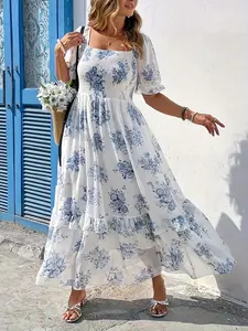 Women's Plus Size Spring Summer Fashion Casual Wear Chiffon Floral Print Shirred Elegant Dress, Loose-Fitting Midi Short Sleeve Woven Fabric