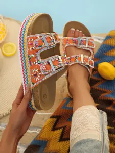 Women's Ethnic Style Rhinestone Thick Sole Sandals, Bohemian Summer Comfort Outdoor Shoes, Easy Match Vacation, Bohemian Trending Sandals, Boho Style Sandals