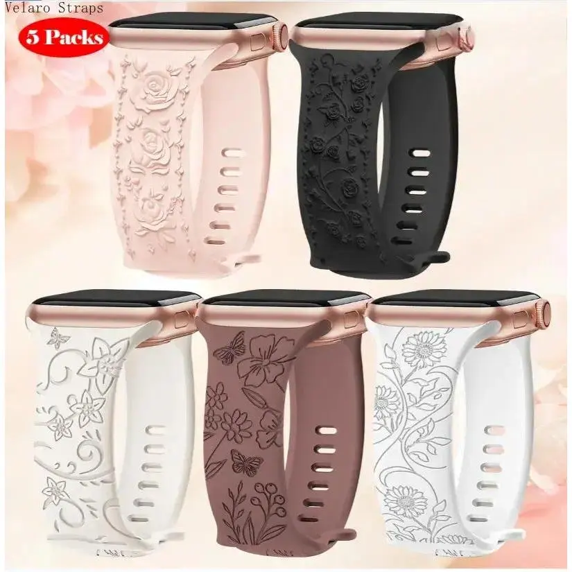 5-Pack Flower Print Silicone Smartwatch Compatible Bands, Soft Breathable Adjustable 42-49mm Quick Release Athletic Replacement Straps, Wearable Accessory for Sports Bag Accessories, Flowers, Tool-Free, 5-Pieces, 5Pcs Watch Straps, Fitness, Floral, Set