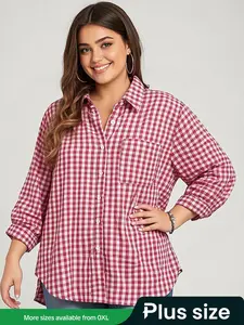 Plus Size Gingham Print Button Front High Low Collared Shirt Blouse, Casual Long Sleeve Pocket Top for Spring & Fall, Women's Clothes for Daily Wear, Casual Blouses
