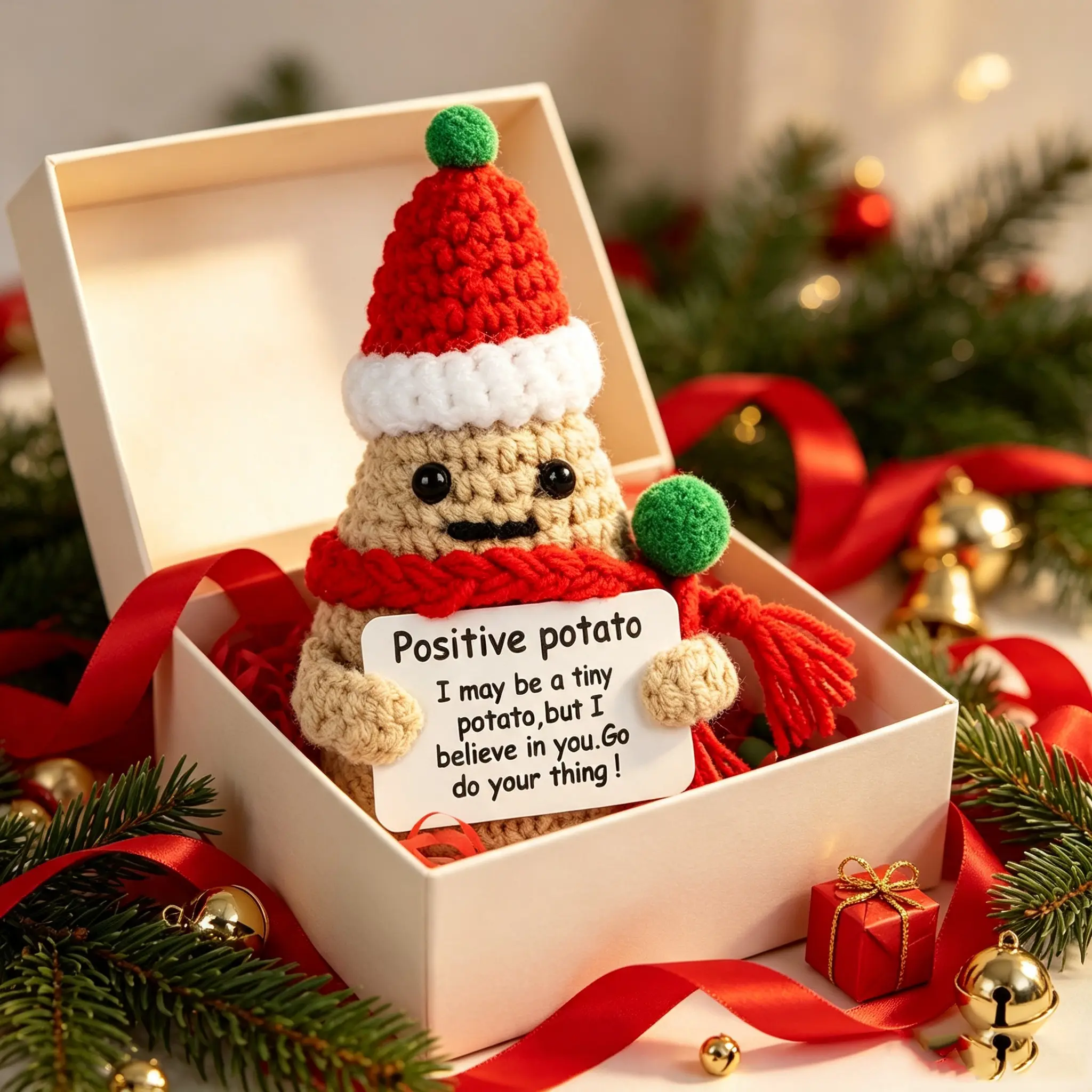 1 Pcs Soft Yarn Potato Shape Hand Crochet Doll with Greeting Card, Knitted Look Stuffed Toy Ornament, Emotional Lift Gift for Family, Xmas & Home Decor