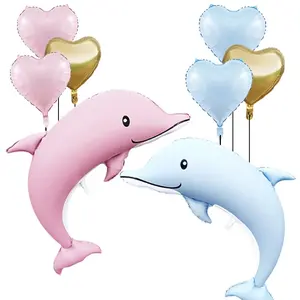 8-Piece Dolphin Shaped Decor Set with, Blue, Gold Heart Balloons, Perfect for Birthday Parties, Baby Gender Reveal, Welcome Parties